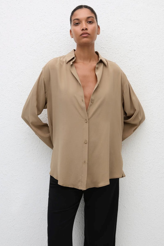 LONG SLEEVE SILK SHIRT-STONE Tops Matteau 