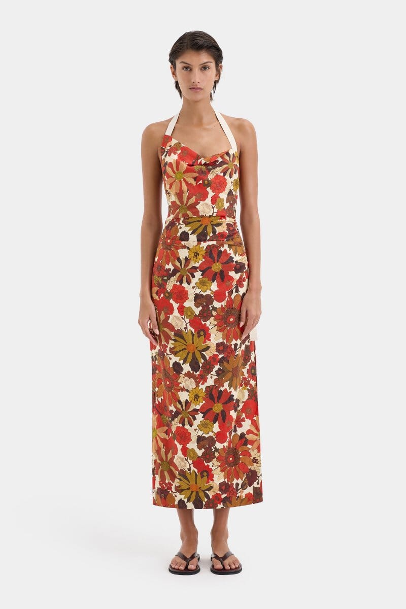 CASTELLA GATHERED MIDI DRESS-FLORA ROSSO Midi Dress SIR. 