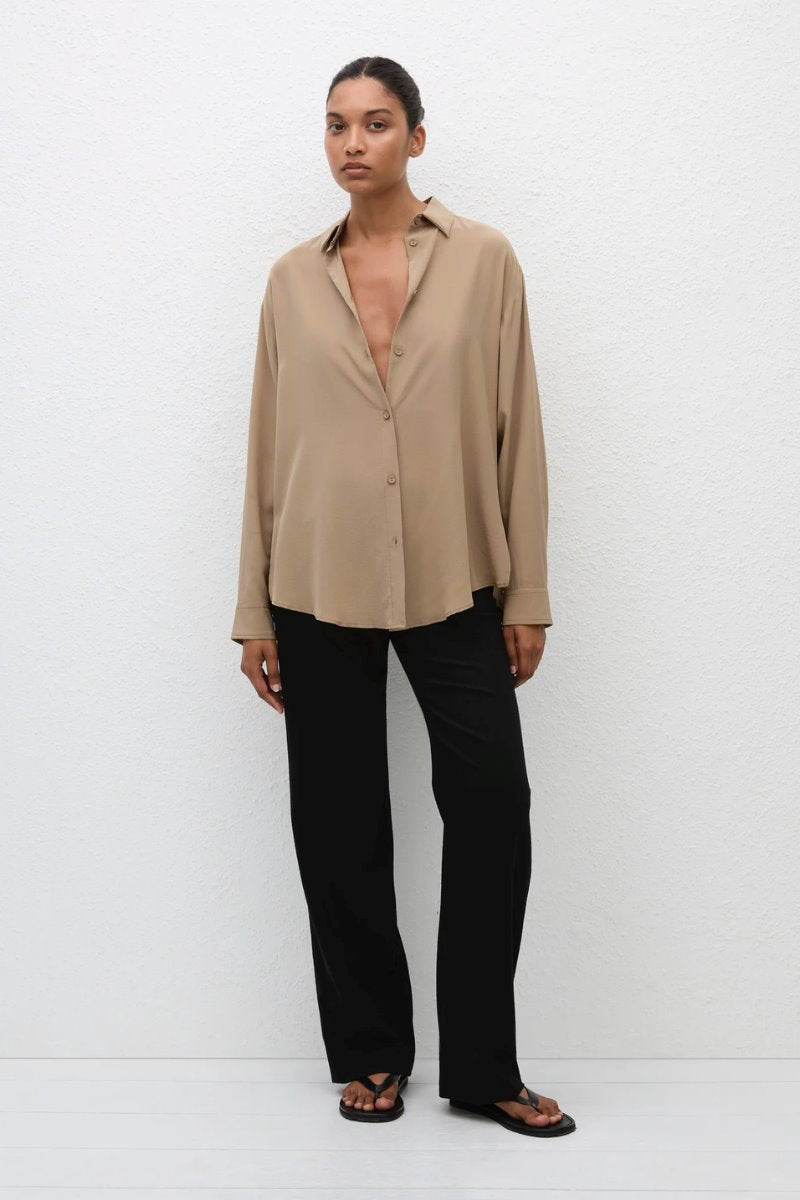 LONG SLEEVE SILK SHIRT-STONE Tops Matteau 