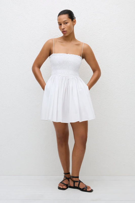 SHIRRED BODICE MINI DRESS-WHITE Mini Dress Matteau 