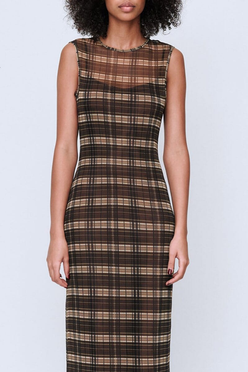 SILK MESH MAXI DRESS-BROWN CHECK Maxi Dress Wynn Hamlyn 