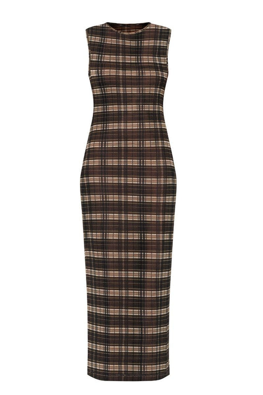SILK MESH MAXI DRESS-BROWN CHECK Maxi Dress Wynn Hamlyn 