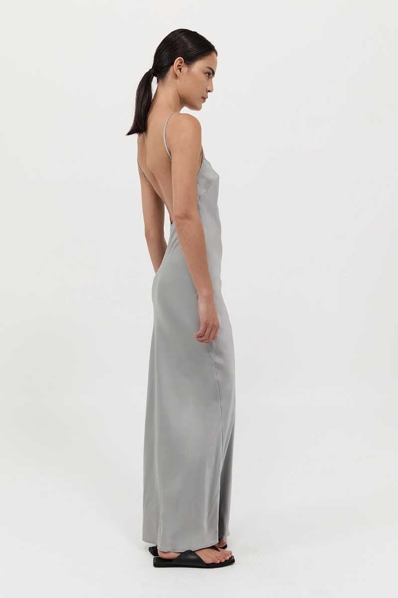 LOW BACK SLIP DRESS SILVER Fox Dove Boutique