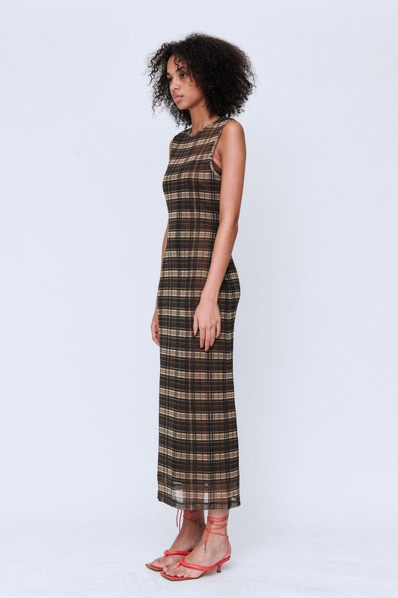 SILK MESH MAXI DRESS-BROWN CHECK Maxi Dress Wynn Hamlyn 