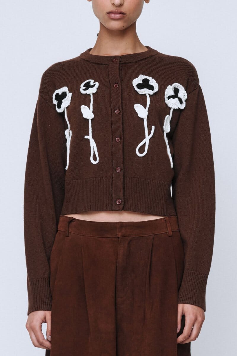 PANSY FLOWER CARDIGAN-CHOCOLATE Knitwear Wynn Hamlyn 