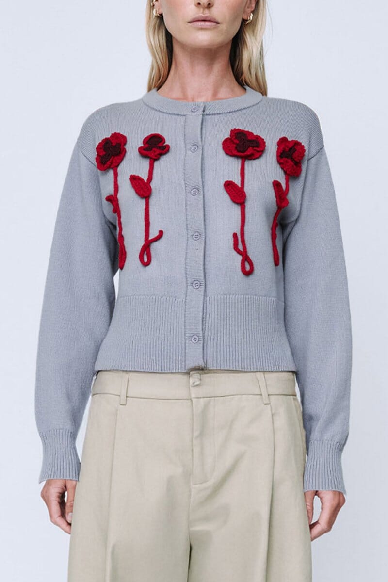 PANSY FLOWER CARDIGAN-GREY Knitwear Wynn Hamlyn 
