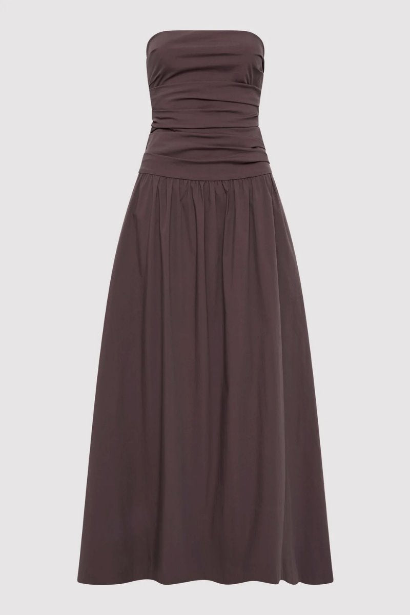 GATHERED STRAPLESS TIE BACK DRESS-CHOCOLATE PLUM Maxi Dress ST AGNI 