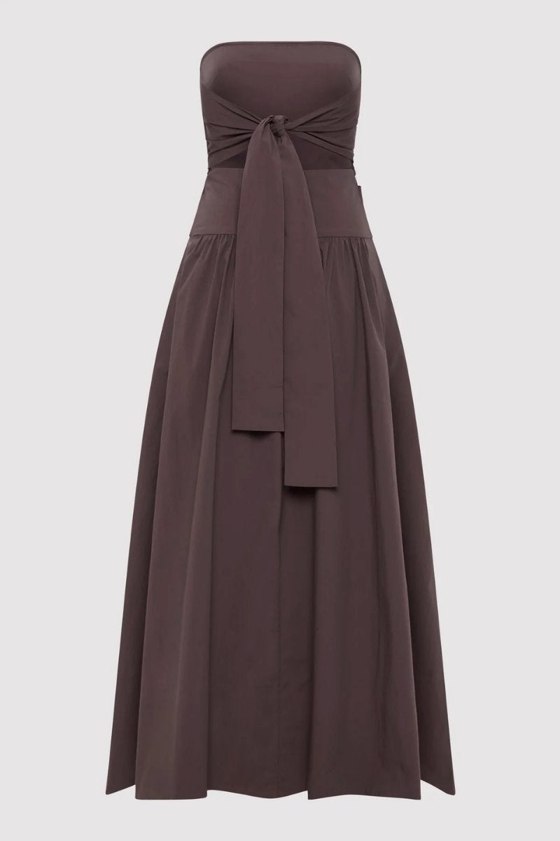 GATHERED STRAPLESS TIE BACK DRESS-CHOCOLATE PLUM Maxi Dress ST AGNI 