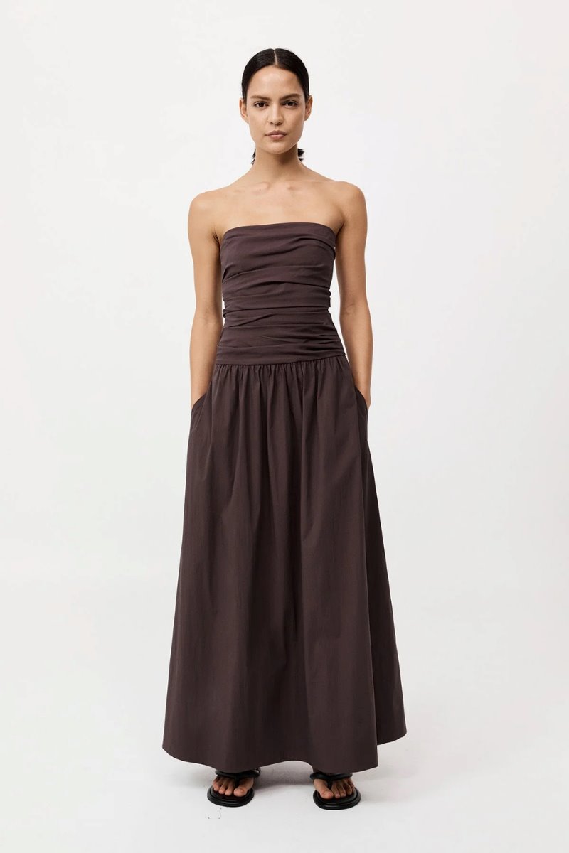 GATHERED STRAPLESS TIE BACK DRESS-CHOCOLATE PLUM Maxi Dress ST AGNI 