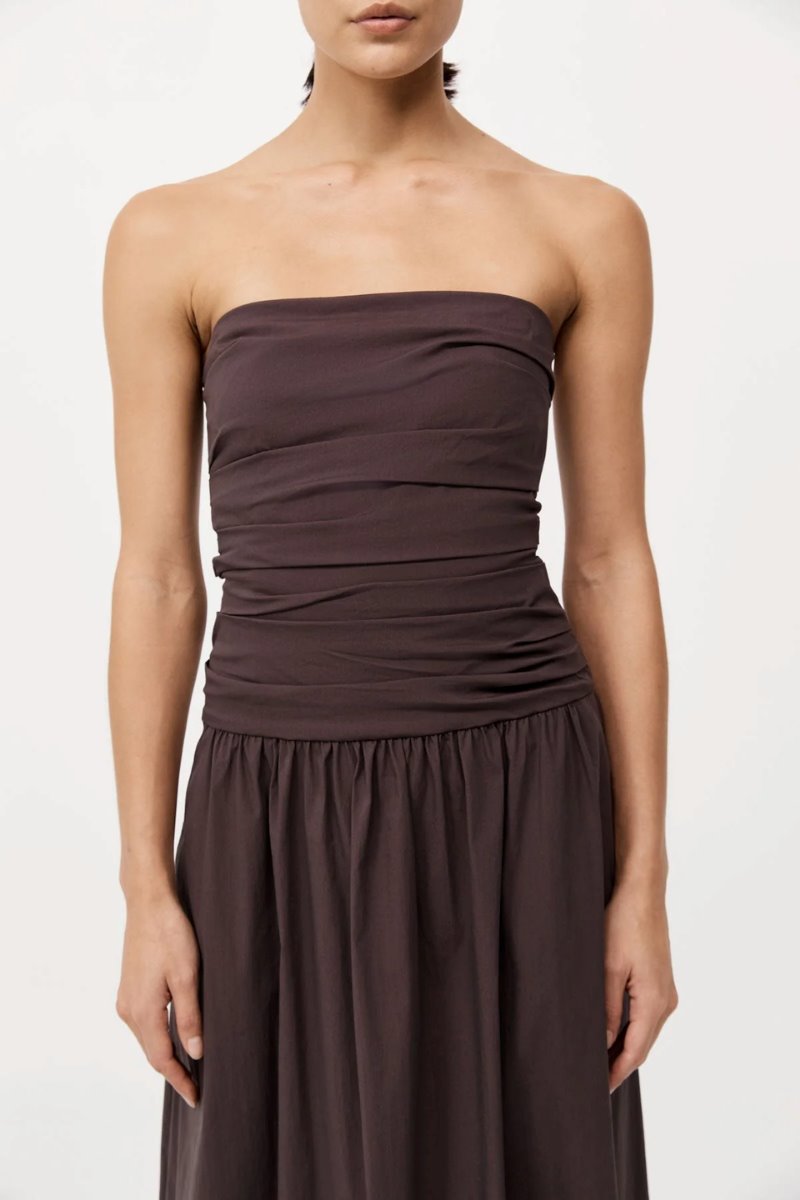 GATHERED STRAPLESS TIE BACK DRESS-CHOCOLATE PLUM Maxi Dress ST AGNI 