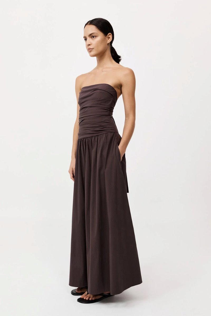 GATHERED STRAPLESS TIE BACK DRESS-CHOCOLATE PLUM Maxi Dress ST AGNI 