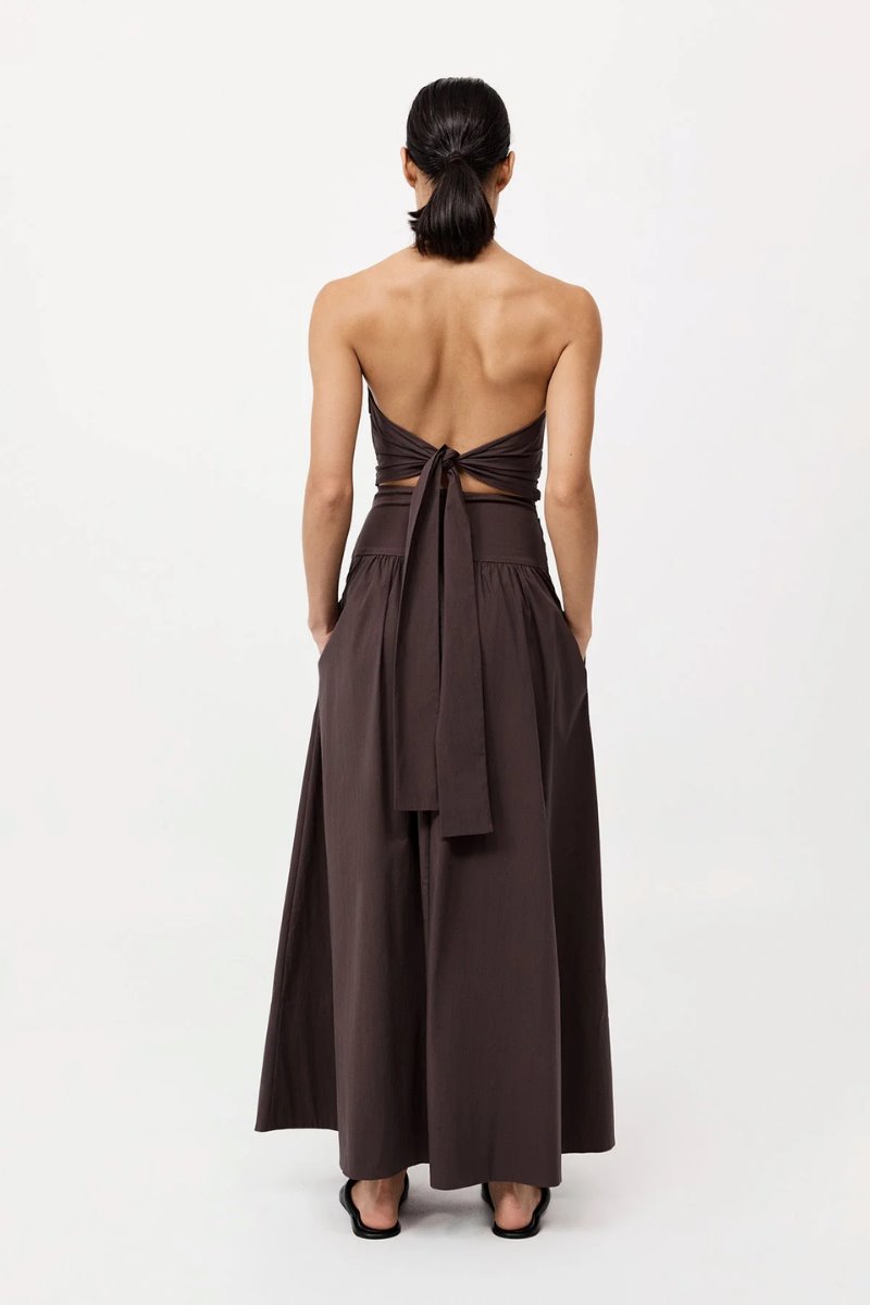 GATHERED STRAPLESS TIE BACK DRESS-CHOCOLATE PLUM Maxi Dress ST AGNI 