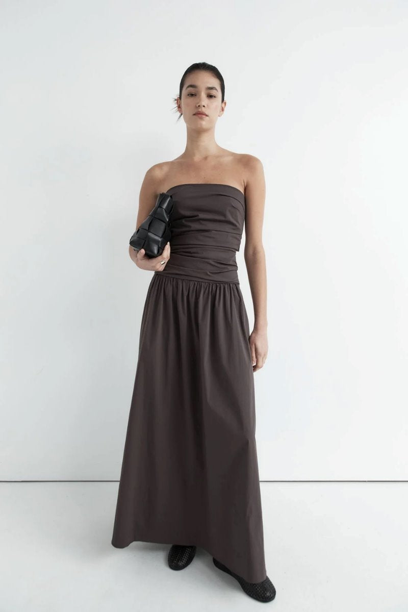 GATHERED STRAPLESS TIE BACK DRESS-CHOCOLATE PLUM Maxi Dress ST AGNI 