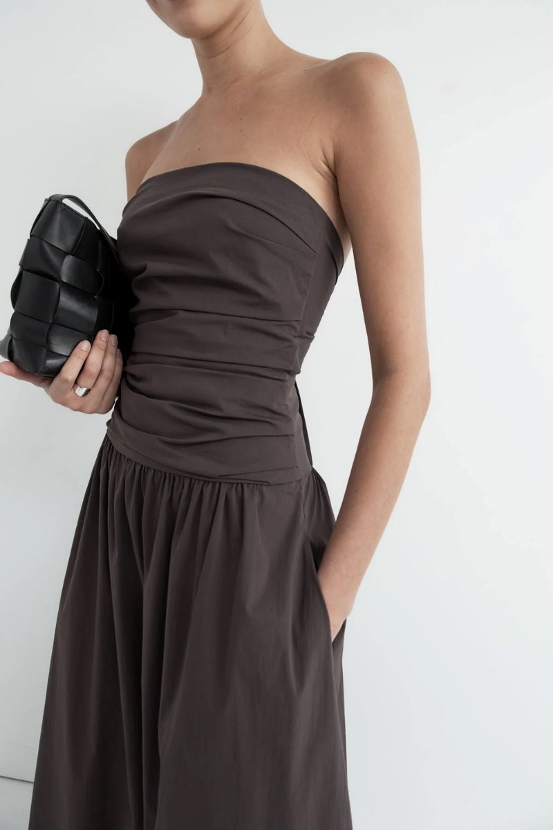 GATHERED STRAPLESS TIE BACK DRESS-CHOCOLATE PLUM Maxi Dress ST AGNI 