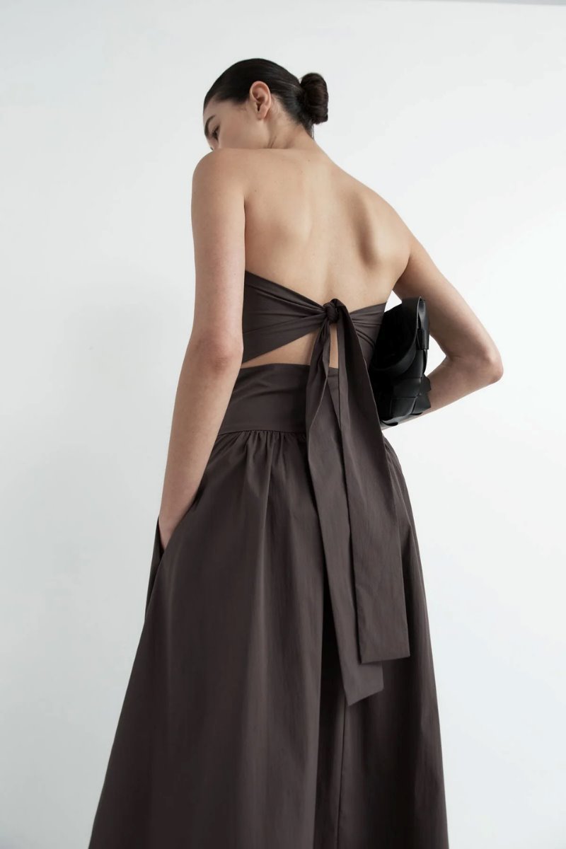 GATHERED STRAPLESS TIE BACK DRESS-CHOCOLATE PLUM Maxi Dress ST AGNI 