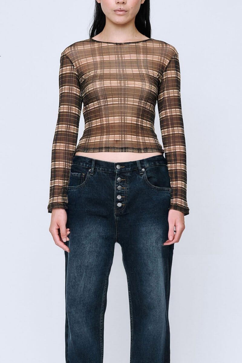 SILK MESH LONG SLEEVE TOP-BROWN CHECK Tops Wynn Hamlyn 